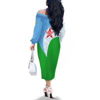 Djibouti Cultural Family Matching Off The Shoulder Long Sleeve Dress and Hawaiian Shirt National Emblem, Tribal Motifs and Red Star Symbol of Unity