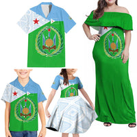 Djibouti Cultural Family Matching Off Shoulder Maxi Dress and Hawaiian Shirt National Emblem, Tribal Motifs and Red Star Symbol of Unity