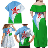 Djibouti Cultural Family Matching Off Shoulder Maxi Dress and Hawaiian Shirt National Emblem, Tribal Motifs and Red Star Symbol of Unity