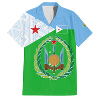 Djibouti Cultural Family Matching Off Shoulder Short Dress and Hawaiian Shirt National Emblem, Tribal Motifs and Red Star Symbol of Unity