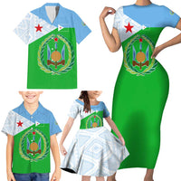Djibouti Cultural Family Matching Short Sleeve Bodycon Dress and Hawaiian Shirt National Emblem, Tribal Motifs and Red Star Symbol of Unity