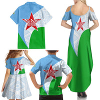 Djibouti Cultural Family Matching Summer Maxi Dress and Hawaiian Shirt National Emblem, Tribal Motifs and Red Star Symbol of Unity