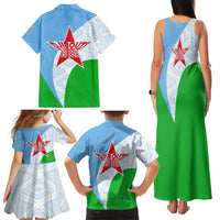 Djibouti Cultural Family Matching Tank Maxi Dress and Hawaiian Shirt National Emblem, Tribal Motifs and Red Star Symbol of Unity