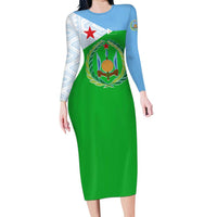 Djibouti Cultural Long Sleeve Bodycon Dress National Emblem, Tribal Motifs and Red Star Symbol of Unity