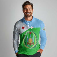 Djibouti Cultural Long Sleeve Polo Shirt National Emblem, Tribal Motifs and Red Star Symbol of Unity