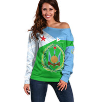 Djibouti Cultural Off Shoulder Sweater National Emblem, Tribal Motifs and Red Star Symbol of Unity