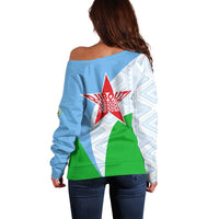 Djibouti Cultural Off Shoulder Sweater National Emblem, Tribal Motifs and Red Star Symbol of Unity