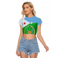 Djibouti Cultural Raglan Cropped T Shirt National Emblem, Tribal Motifs and Red Star Symbol of Unity