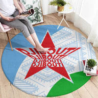 Djibouti Cultural Round Carpet National Emblem, Tribal Motifs and Red Star Symbol of Unity