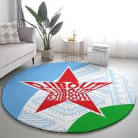 Djibouti Cultural Round Carpet National Emblem, Tribal Motifs and Red Star Symbol of Unity