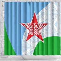 Djibouti Cultural Shower Curtain National Emblem, Tribal Motifs and Red Star Symbol of Unity
