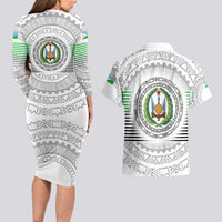 Djibouti Roots Couples Matching Long Sleeve Bodycon Dress and Hawaiian Shirt Urban Streetwear with African Tribal Design & Patriotic Elements