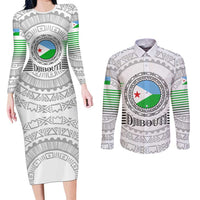 Djibouti Roots Couples Matching Long Sleeve Bodycon Dress and Long Sleeve Button Shirt Urban Streetwear with African Tribal Design & Patriotic Elements