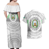 Djibouti Roots Couples Matching Off Shoulder Maxi Dress and Hawaiian Shirt Urban Streetwear with African Tribal Design & Patriotic Elements