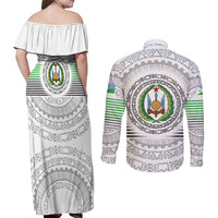 Djibouti Roots Couples Matching Off Shoulder Maxi Dress and Long Sleeve Button Shirt Urban Streetwear with African Tribal Design & Patriotic Elements