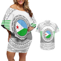 Djibouti Roots Couples Matching Off Shoulder Short Dress and Hawaiian Shirt Urban Streetwear with African Tribal Design & Patriotic Elements
