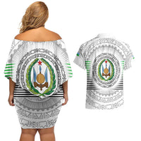 Djibouti Roots Couples Matching Off Shoulder Short Dress and Hawaiian Shirt Urban Streetwear with African Tribal Design & Patriotic Elements