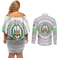 Djibouti Roots Couples Matching Off Shoulder Short Dress and Long Sleeve Button Shirt Urban Streetwear with African Tribal Design & Patriotic Elements