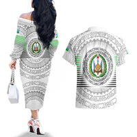 Djibouti Roots Couples Matching Off The Shoulder Long Sleeve Dress and Hawaiian Shirt Urban Streetwear with African Tribal Design & Patriotic Elements