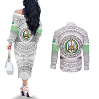 Djibouti Roots Couples Matching Off The Shoulder Long Sleeve Dress and Long Sleeve Button Shirt Urban Streetwear with African Tribal Design & Patriotic Elements