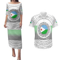 Djibouti Roots Couples Matching Puletasi and Hawaiian Shirt Urban Streetwear with African Tribal Design & Patriotic Elements