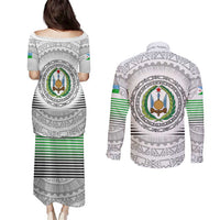 Djibouti Roots Couples Matching Puletasi and Long Sleeve Button Shirt Urban Streetwear with African Tribal Design & Patriotic Elements