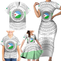 Djibouti Roots Family Matching Short Sleeve Bodycon Dress and Hawaiian Shirt Urban Streetwear with African Tribal Design & Patriotic Elements