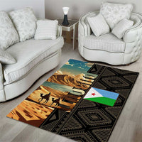 Djibouti Desert Landscape Tadjoura Area Rug with Camel Riders and Tribal Pattern Design