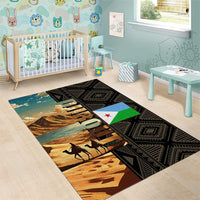 Djibouti Desert Landscape Tadjoura Area Rug with Camel Riders and Tribal Pattern Design