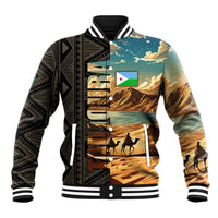 Djibouti Desert Landscape Tadjoura Baseball Jacket with Camel Riders and Tribal Pattern Design