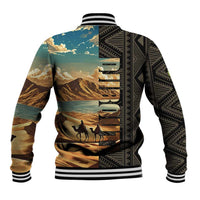 Djibouti Desert Landscape Tadjoura Baseball Jacket with Camel Riders and Tribal Pattern Design