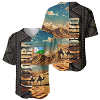 Djibouti Desert Landscape Tadjoura Baseball Jersey with Camel Riders and Tribal Pattern Design