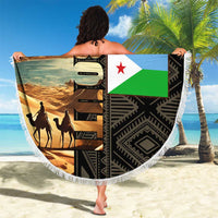 Djibouti Desert Landscape Tadjoura Beach Blanket with Camel Riders and Tribal Pattern Design