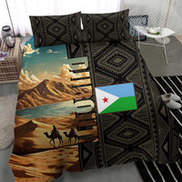 Djibouti Desert Landscape Tadjoura Bedding Set with Camel Riders and Tribal Pattern Design
