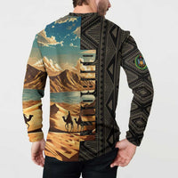 Djibouti Desert Landscape Tadjoura Button Sweatshirt with Camel Riders and Tribal Pattern Design