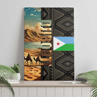 Djibouti Desert Landscape Tadjoura Canvas Wall Art with Camel Riders and Tribal Pattern Design