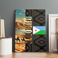 Djibouti Desert Landscape Tadjoura Canvas Wall Art with Camel Riders and Tribal Pattern Design