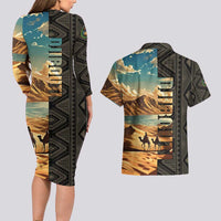 Djibouti Desert Landscape Tadjoura Couples Matching Long Sleeve Bodycon Dress and Hawaiian Shirt with Camel Riders and Tribal Pattern Design