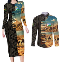 Djibouti Desert Landscape Tadjoura Couples Matching Long Sleeve Bodycon Dress and Long Sleeve Button Shirt with Camel Riders and Tribal Pattern Design