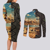 Djibouti Desert Landscape Tadjoura Couples Matching Long Sleeve Bodycon Dress and Long Sleeve Button Shirt with Camel Riders and Tribal Pattern Design