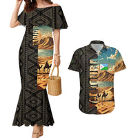 Djibouti Desert Landscape Tadjoura Couples Matching Mermaid Dress and Hawaiian Shirt with Camel Riders and Tribal Pattern Design