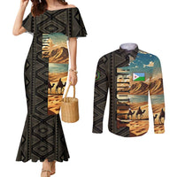 Djibouti Desert Landscape Tadjoura Couples Matching Mermaid Dress and Long Sleeve Button Shirt with Camel Riders and Tribal Pattern Design