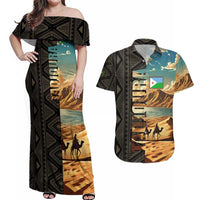 Djibouti Desert Landscape Tadjoura Couples Matching Off Shoulder Maxi Dress and Hawaiian Shirt with Camel Riders and Tribal Pattern Design