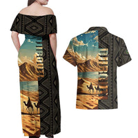 Djibouti Desert Landscape Tadjoura Couples Matching Off Shoulder Maxi Dress and Hawaiian Shirt with Camel Riders and Tribal Pattern Design