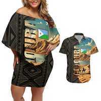 Djibouti Desert Landscape Tadjoura Couples Matching Off Shoulder Short Dress and Hawaiian Shirt with Camel Riders and Tribal Pattern Design