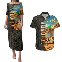 Djibouti Desert Landscape Tadjoura Couples Matching Puletasi and Hawaiian Shirt with Camel Riders and Tribal Pattern Design