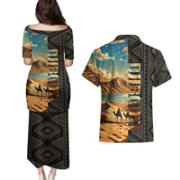 Djibouti Desert Landscape Tadjoura Couples Matching Puletasi and Hawaiian Shirt with Camel Riders and Tribal Pattern Design