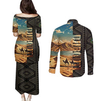 Djibouti Desert Landscape Tadjoura Couples Matching Puletasi and Long Sleeve Button Shirt with Camel Riders and Tribal Pattern Design