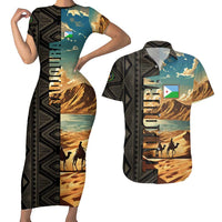 Djibouti Desert Landscape Tadjoura Couples Matching Short Sleeve Bodycon Dress and Hawaiian Shirt with Camel Riders and Tribal Pattern Design