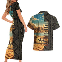 Djibouti Desert Landscape Tadjoura Couples Matching Short Sleeve Bodycon Dress and Hawaiian Shirt with Camel Riders and Tribal Pattern Design